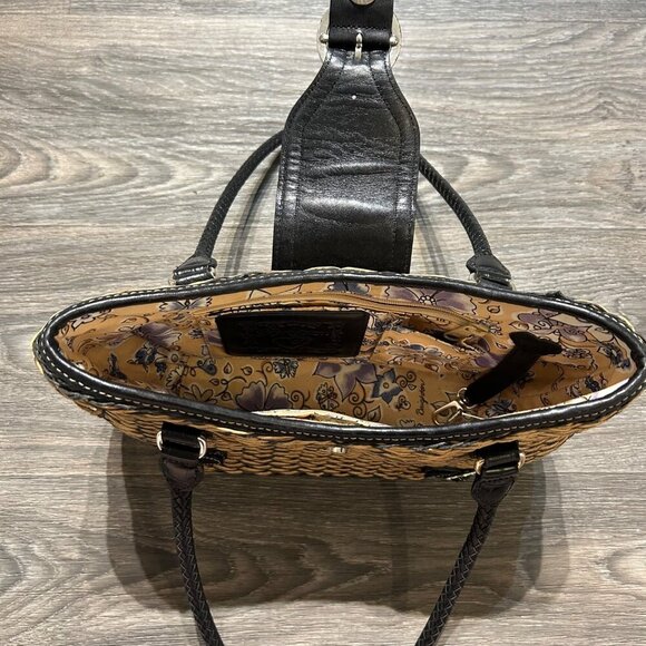 Brighton Debbie Black Tan Woven Leather Shoulder Bag Braided Handles Preppy - Picture 11 of 12